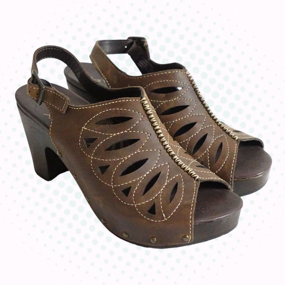 Dansko Rowena Brown Leather Embroidered Peep-Toe High Heel Clogs Size EU 40/US 9